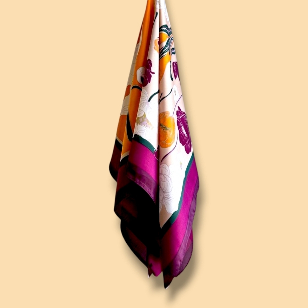 🧡 Floral Colorblocked Silky Scarf Square- Orange, Purple, Cream And Green - Picture 5 of 7